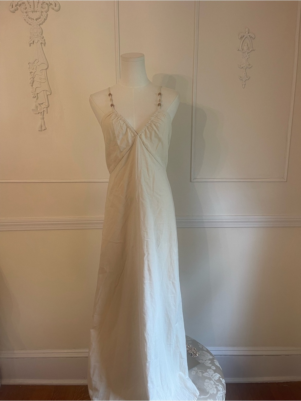 Cream Beaded-Strap Linen blend Maxi Slip Dress
